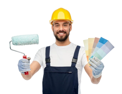 Smiling professional painter holding paint roller and color palette samples