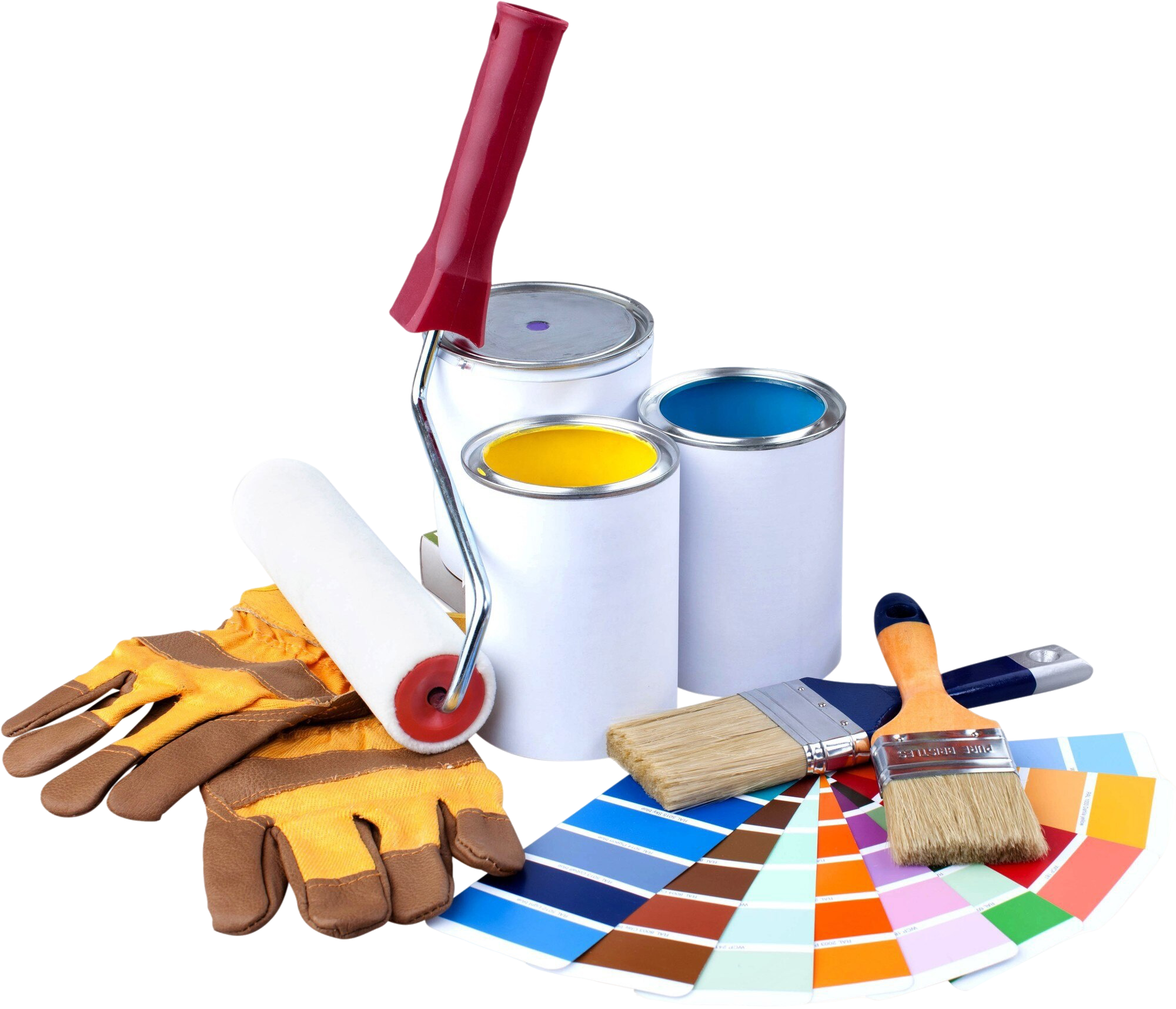 Painting tools with paint cans, color swatches, paint roller, brushes, and work gloves