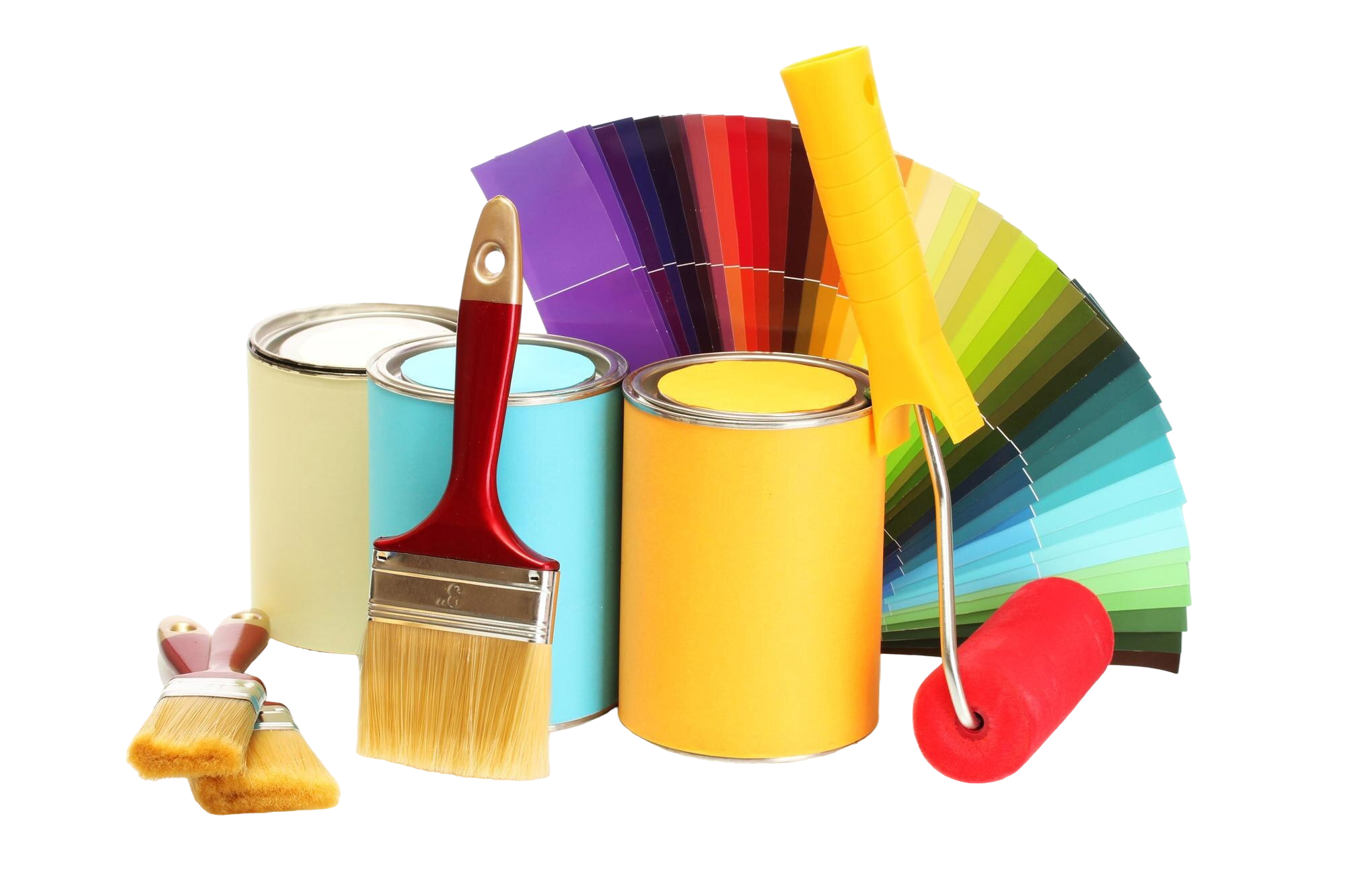 Paint cans with brushes, paint roller, and a colorful fan deck for interior and exterior painting