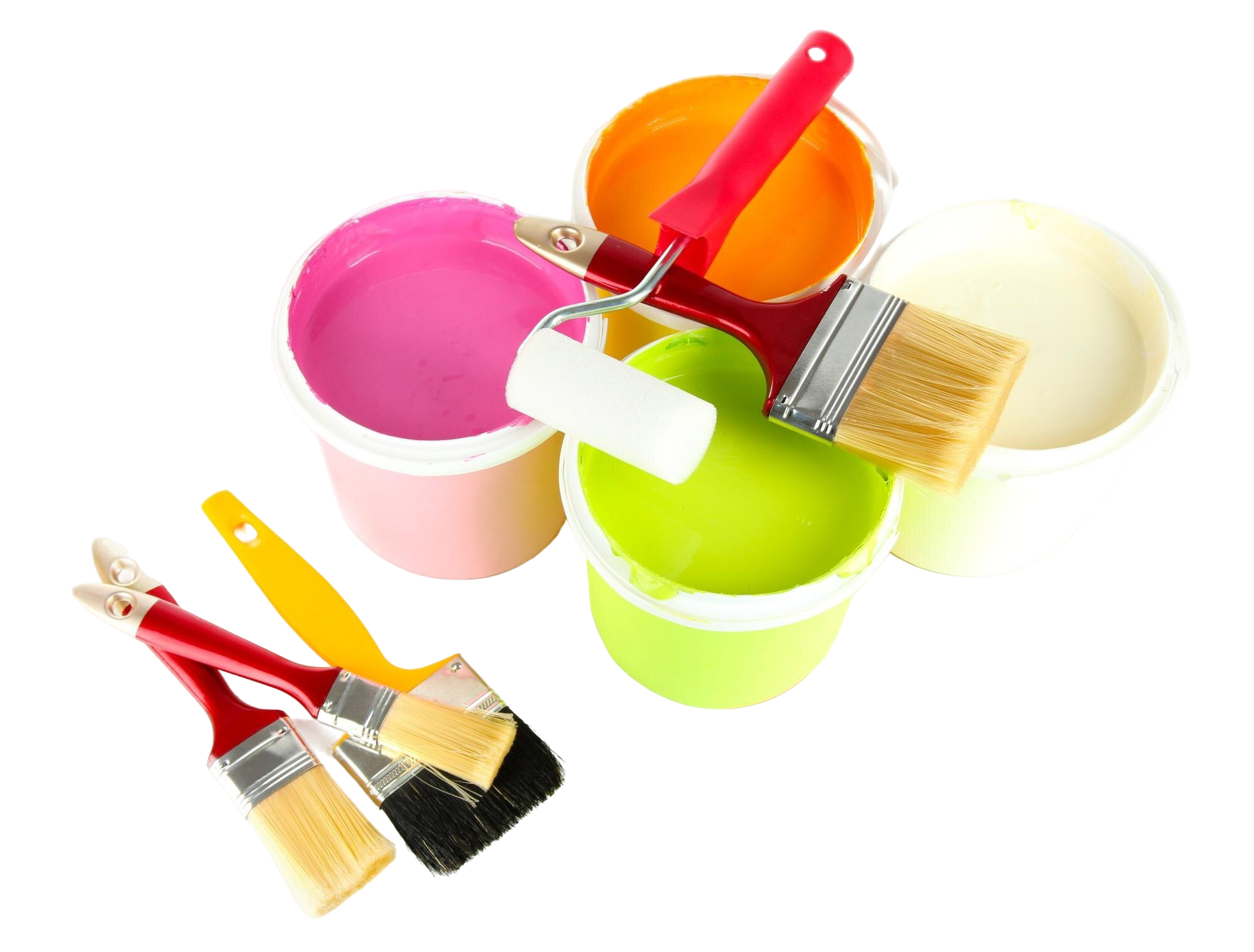Open paint buckets with bright colors, paint brushes, and a roller for home painting projects