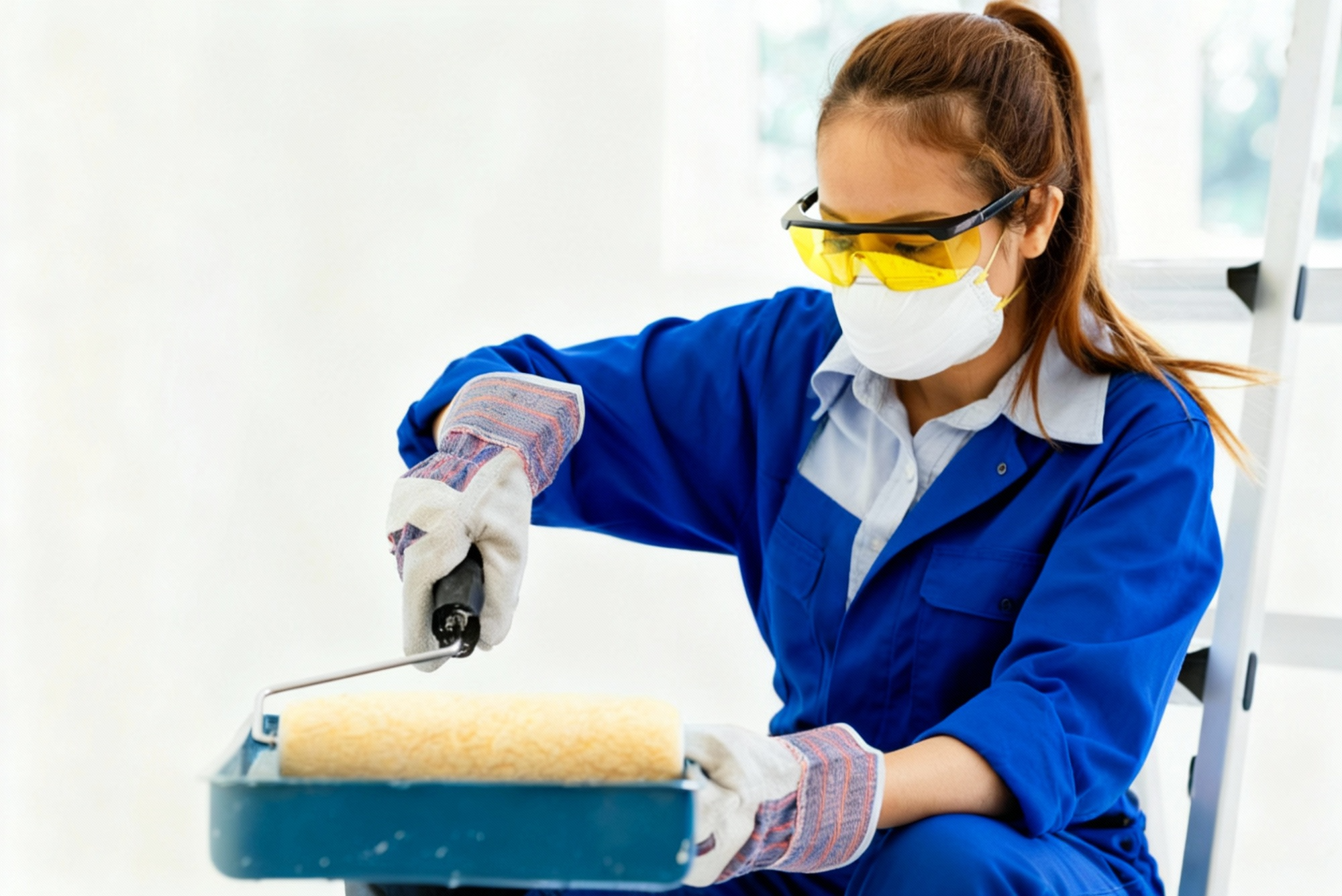 Painter applying white paint with an extension roller in a prepared interior room