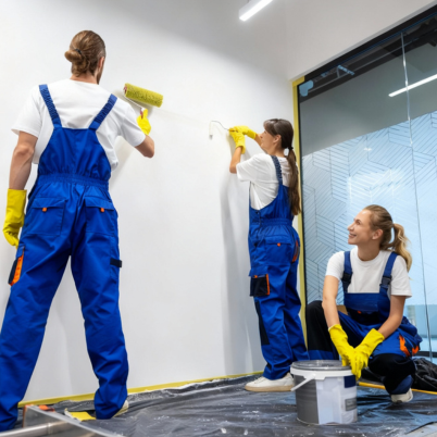 Team of painters working on an office interior wall using rollers and white paint